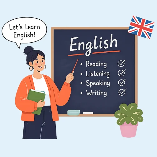 Иллюстрация: преподавательница английского языка у доски с надписью English, рядом флаг Великобритании и растение